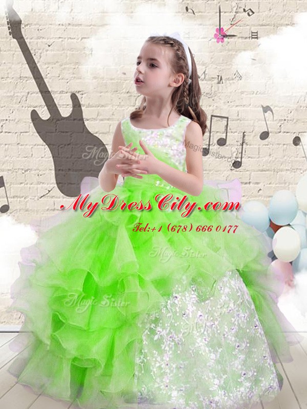 Lovely Ball Gowns Organza Scoop Sleeveless Beading and Ruffles Floor Length Lace Up Party Dress for Toddlers