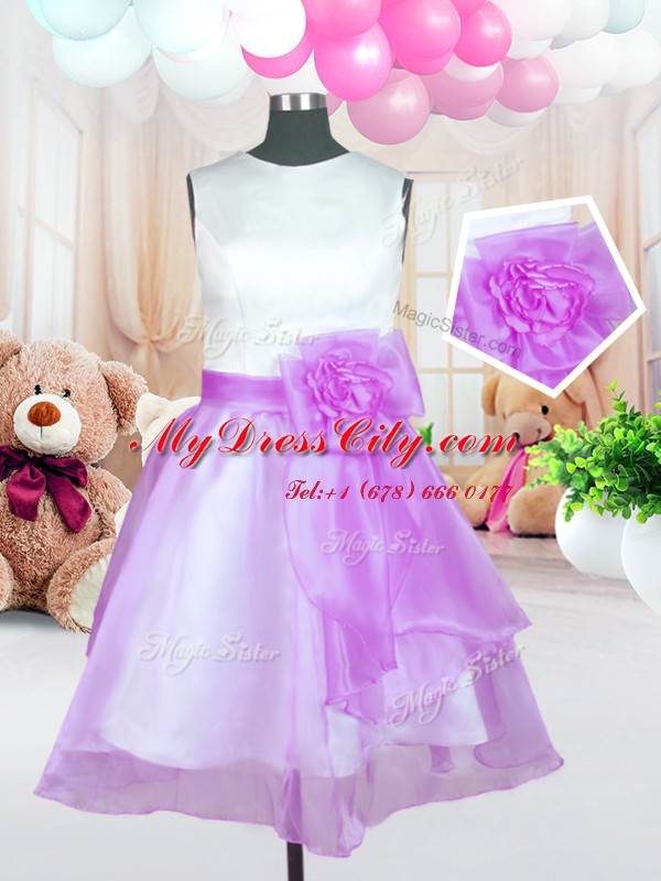 Scoop Sleeveless Organza Knee Length Zipper Flower Girl Dress in Lilac with Hand Made Flower