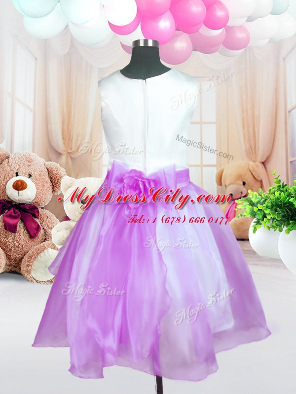 Scoop Sleeveless Organza Knee Length Zipper Flower Girl Dress in Lilac with Hand Made Flower