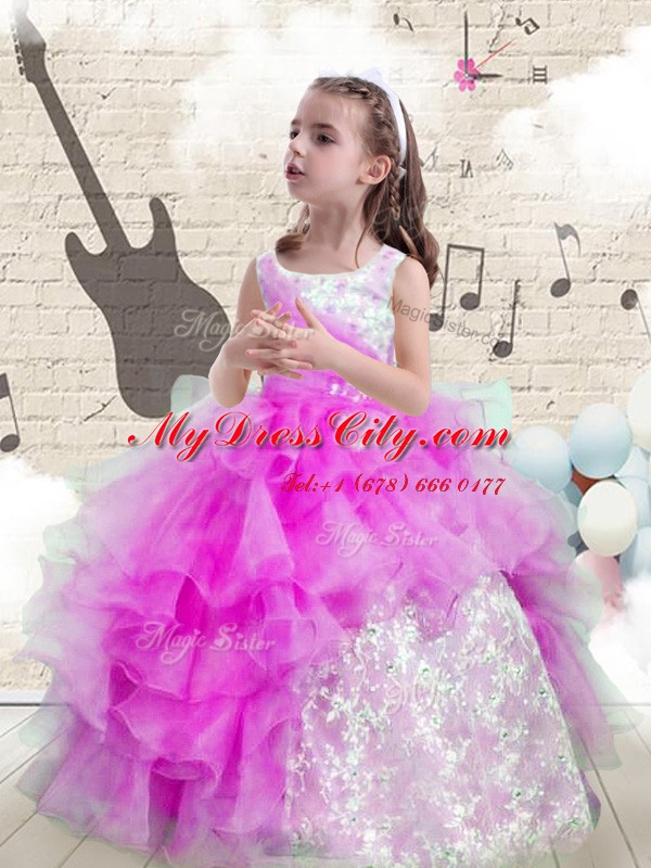 Scoop Sleeveless Organza Floor Length Lace Up Pageant Dresses in Purple with Beading and Ruffled Layers