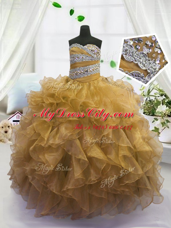 Latest Gold Lace Up Sweetheart Beading and Ruffles Custom Made Organza Sleeveless