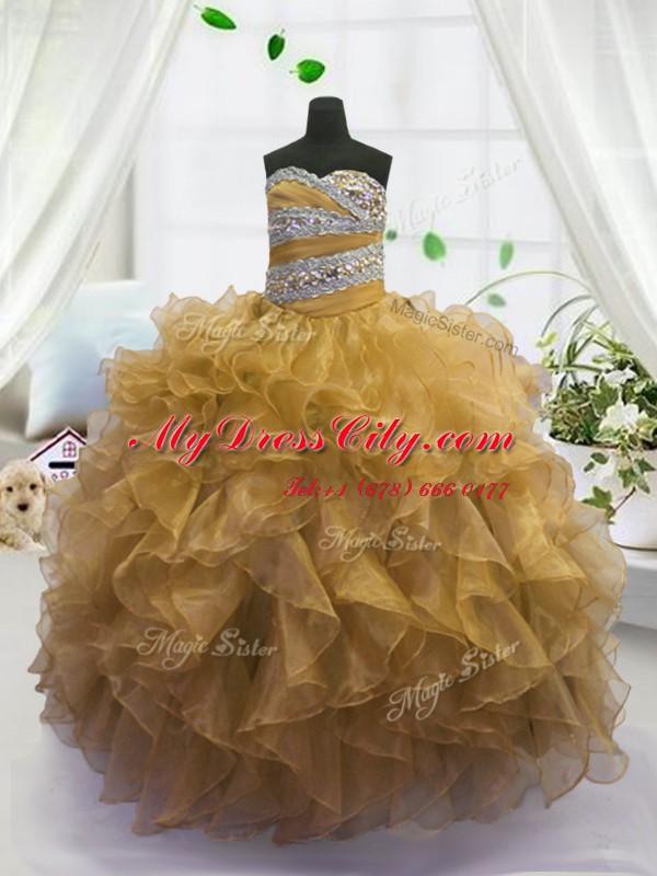 Latest Gold Lace Up Sweetheart Beading and Ruffles Custom Made Organza Sleeveless