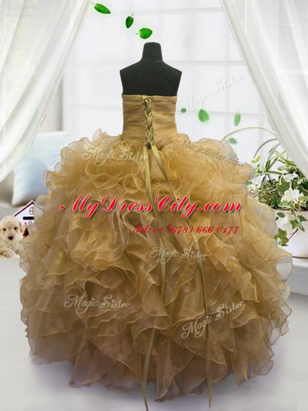 Latest Gold Lace Up Sweetheart Beading and Ruffles Custom Made Organza Sleeveless