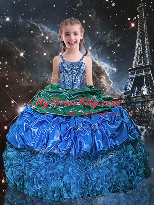 Cute Organza Spaghetti Straps Sleeveless Lace Up Beading and Ruffles and Pick Ups Pageant Dress Toddler in Blue