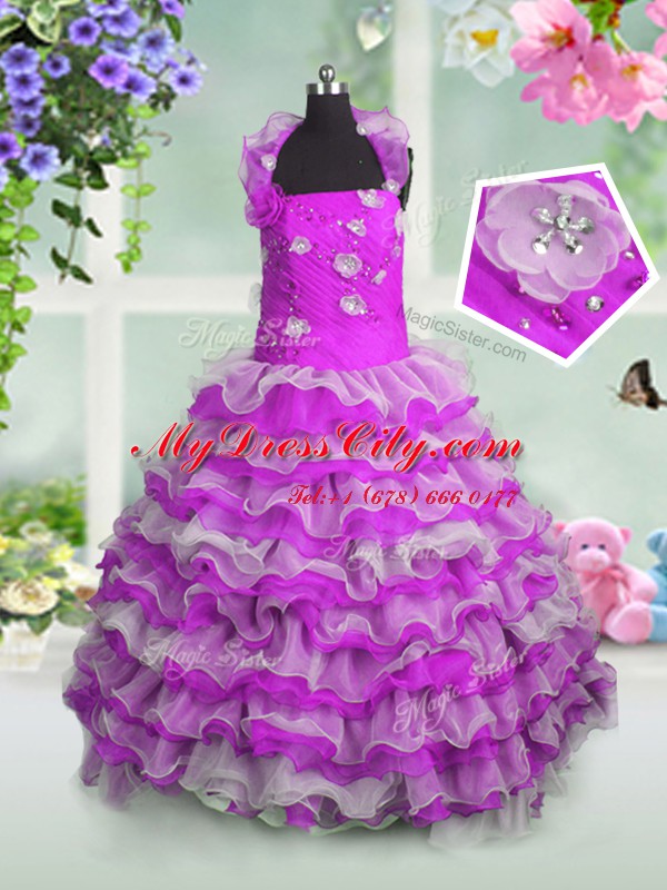 Gorgeous Fuchsia Teens Party Dress Party and Wedding Party and For with Beading and Appliques and Ruffled Layers Straps Sleeveless Lace Up