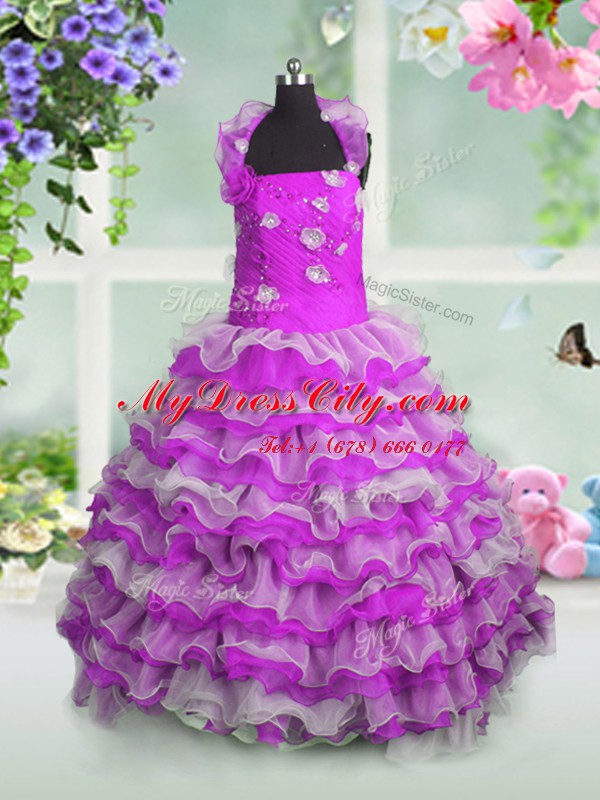 Gorgeous Fuchsia Teens Party Dress Party and Wedding Party and For with Beading and Appliques and Ruffled Layers Straps Sleeveless Lace Up