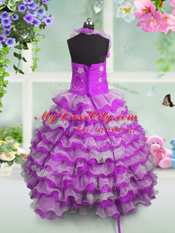 Gorgeous Fuchsia Teens Party Dress Party and Wedding Party and For with Beading and Appliques and Ruffled Layers Straps Sleeveless Lace Up