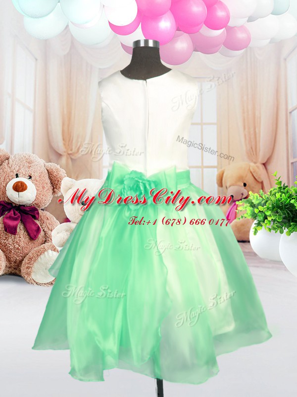 Scoop Sleeveless Flower Girl Dresses Knee Length Hand Made Flower Apple Green Organza