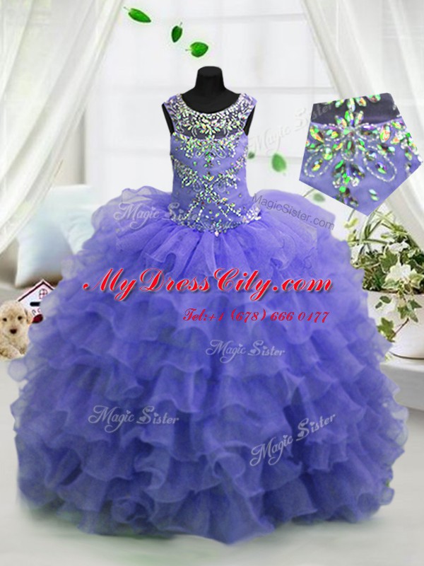 Lavender Organza Lace Up Scoop Sleeveless Floor Length Girls Pageant Dresses Beading and Ruffled Layers