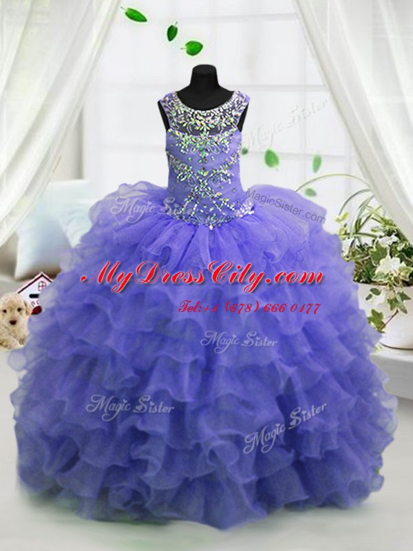 Lavender Organza Lace Up Scoop Sleeveless Floor Length Girls Pageant Dresses Beading and Ruffled Layers