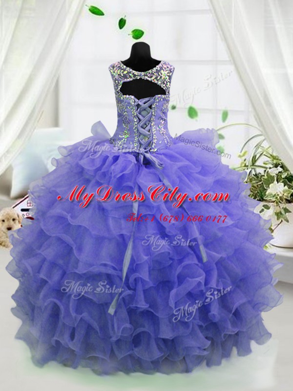 Lavender Organza Lace Up Scoop Sleeveless Floor Length Girls Pageant Dresses Beading and Ruffled Layers