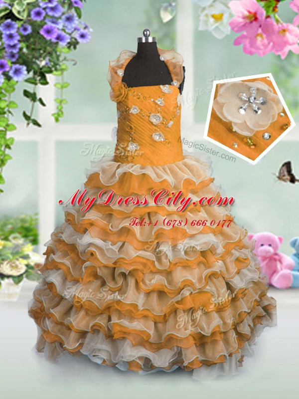 Sleeveless Lace Up Floor Length Beading and Appliques and Ruffled Layers Little Girls Pageant Dress