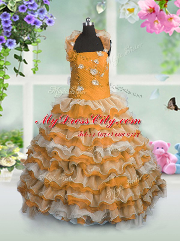 Sleeveless Lace Up Floor Length Beading and Appliques and Ruffled Layers Little Girls Pageant Dress