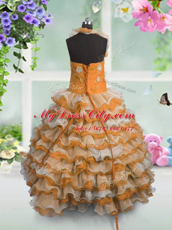 Sleeveless Lace Up Floor Length Beading and Appliques and Ruffled Layers Little Girls Pageant Dress