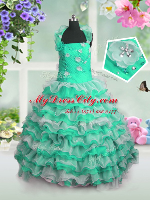 Sleeveless Floor Length Beading and Appliques and Ruffled Layers Lace Up Pageant Dress for Girls with Green