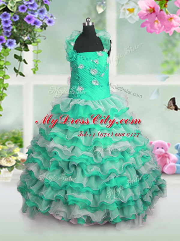 Sleeveless Floor Length Beading and Appliques and Ruffled Layers Lace Up Pageant Dress for Girls with Green