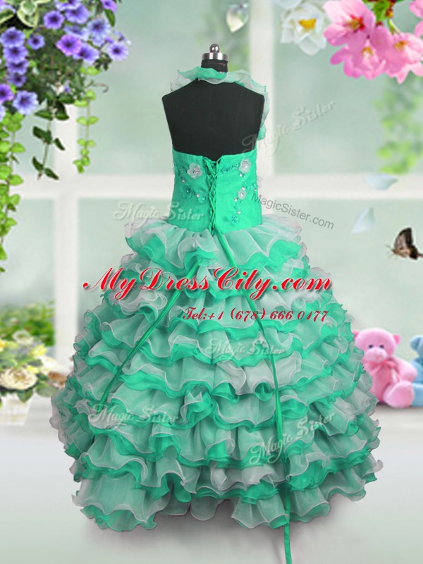 Sleeveless Floor Length Beading and Appliques and Ruffled Layers Lace Up Pageant Dress for Girls with Green