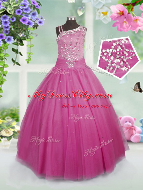 Luxurious Floor Length Side Zipper Pageant Gowns For Girls Rose Pink for Party and Wedding Party with Beading