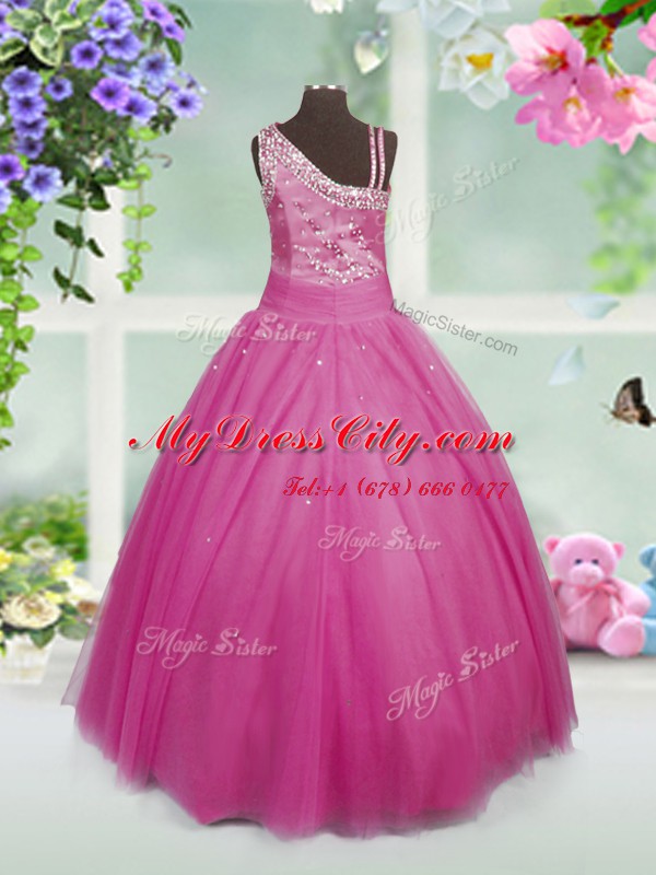 Luxurious Floor Length Side Zipper Pageant Gowns For Girls Rose Pink for Party and Wedding Party with Beading