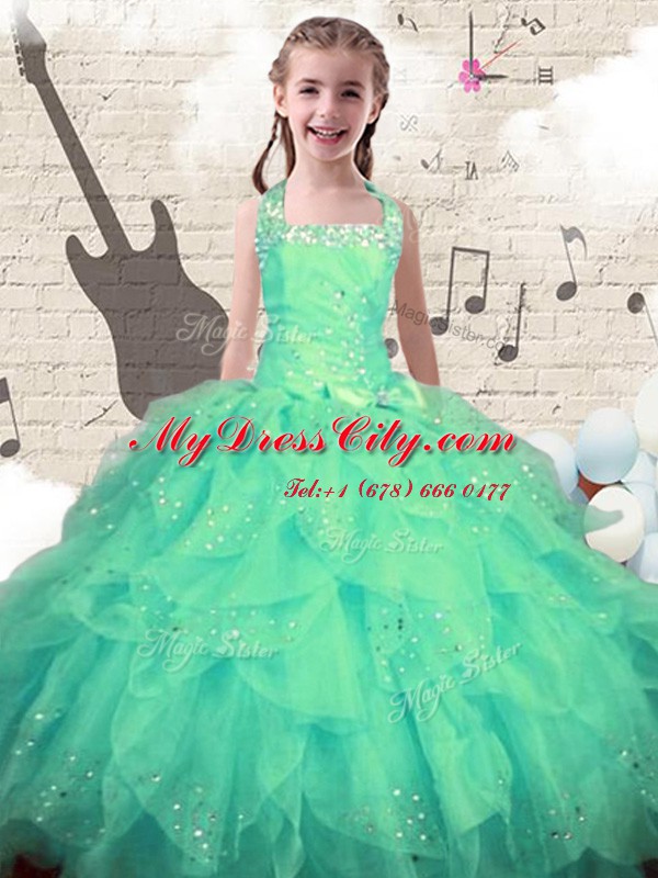 Halter Top Organza Sleeveless Floor Length Child Pageant Dress and Beading and Ruffles