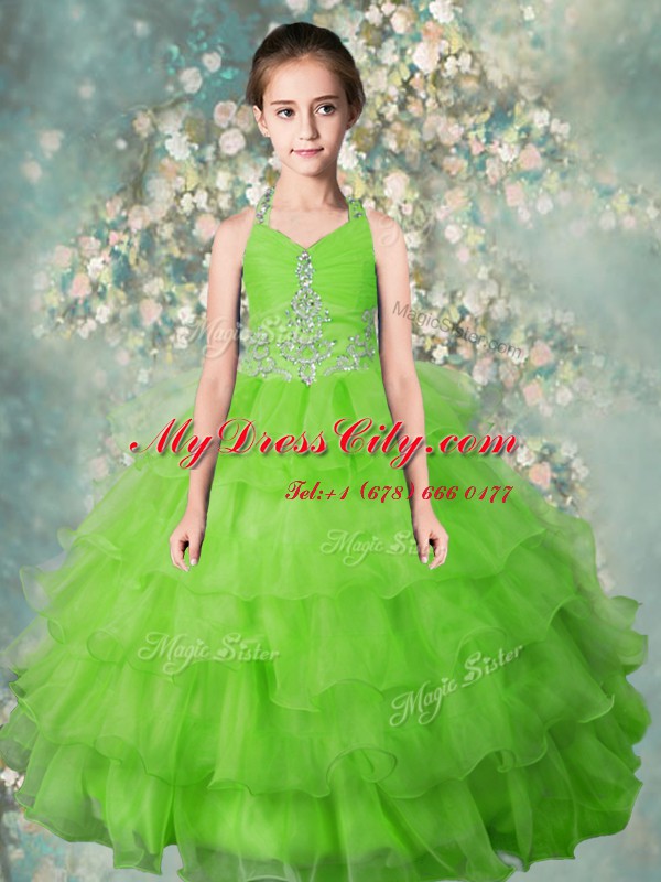 Halter Top Sleeveless Organza Floor Length Zipper Evening Gowns in Apple Green with Beading and Ruffled Layers