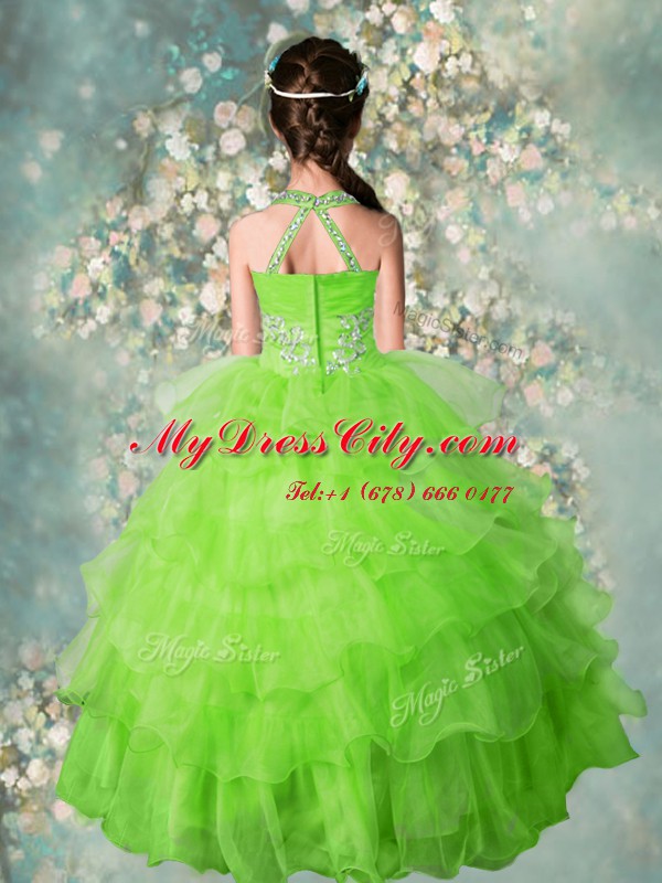 Halter Top Sleeveless Organza Floor Length Zipper Evening Gowns in Apple Green with Beading and Ruffled Layers