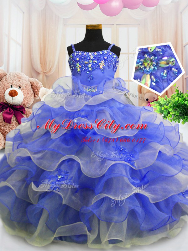 Lovely Sleeveless Floor Length Beading and Ruffled Layers Zipper Pageant Dress for Girls with Blue