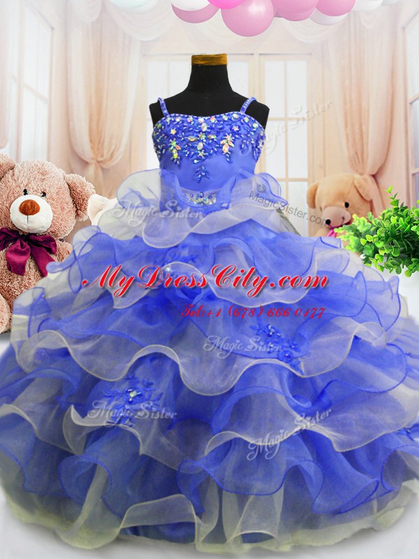 Lovely Sleeveless Floor Length Beading and Ruffled Layers Zipper Pageant Dress for Girls with Blue