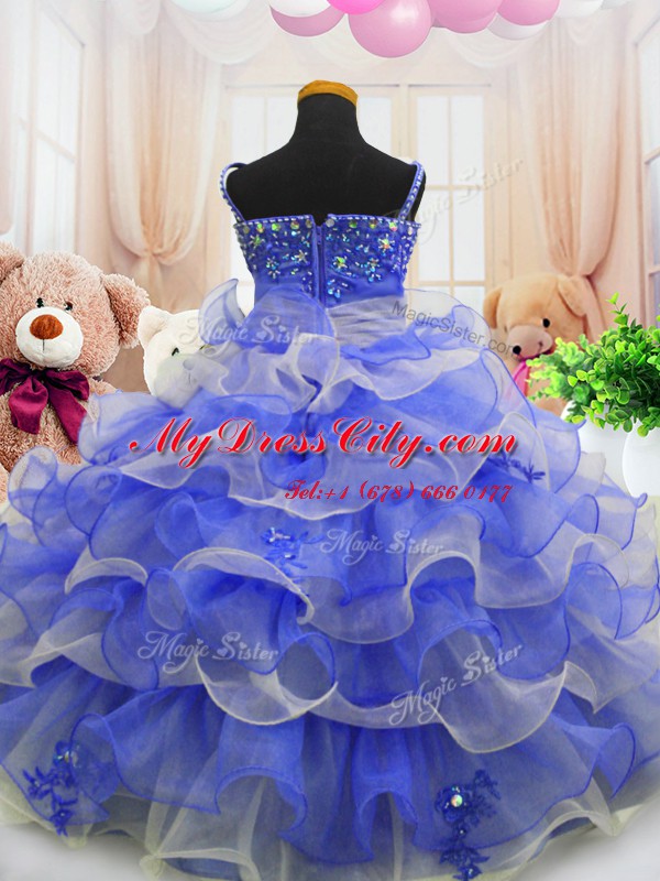 Lovely Sleeveless Floor Length Beading and Ruffled Layers Zipper Pageant Dress for Girls with Blue