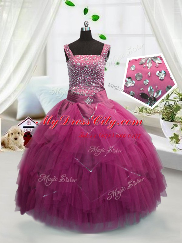 Rose Pink Tulle Lace Up Straps Sleeveless Floor Length Party Dresses Beading and Ruffles