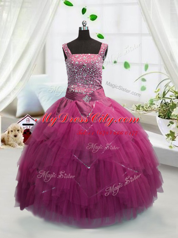 Rose Pink Tulle Lace Up Straps Sleeveless Floor Length Party Dresses Beading and Ruffles