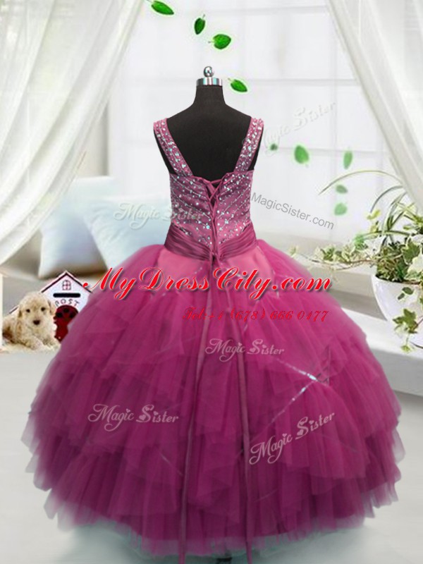 Rose Pink Tulle Lace Up Straps Sleeveless Floor Length Party Dresses Beading and Ruffles