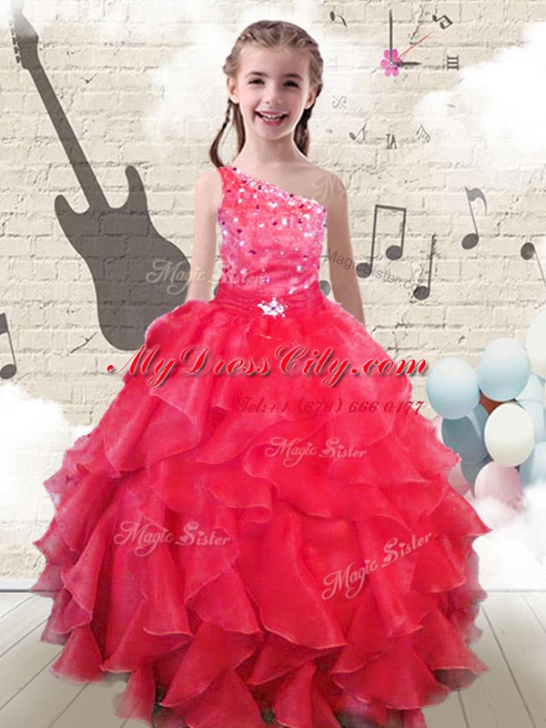 Red Lace Up One Shoulder Beading and Ruffles Party Dress Wholesale Organza Sleeveless