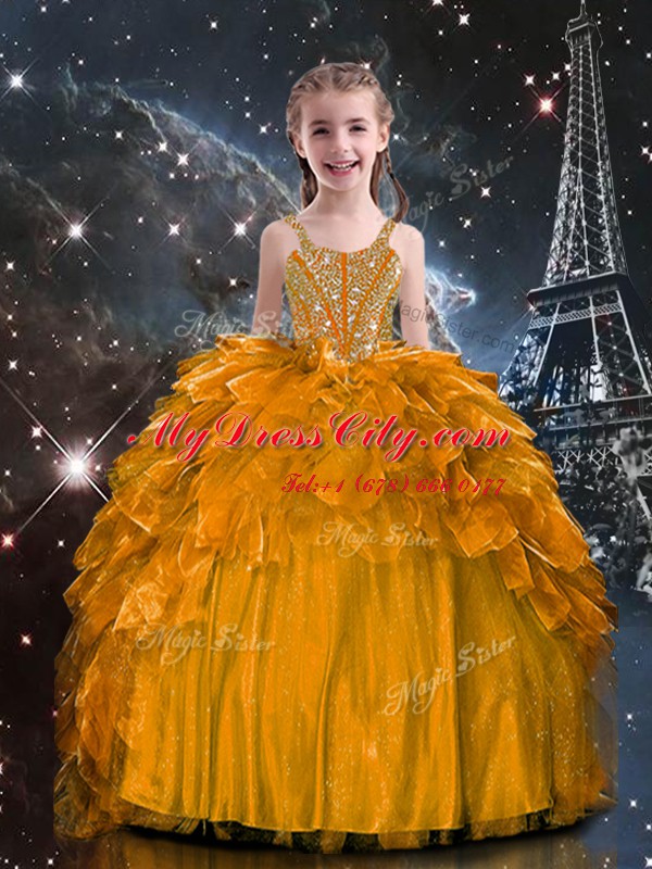 Organza Spaghetti Straps Sleeveless Lace Up Beading and Ruffles Little Girls Pageant Dress Wholesale in Orange