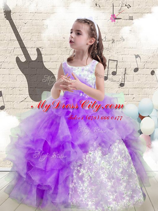 Ruffled Scoop Sleeveless Lace Up Juniors Party Dress Eggplant Purple Organza