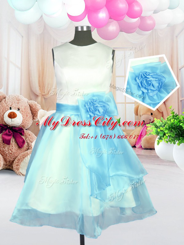 Scoop Sleeveless Flower Girl Dresses for Less Knee Length Hand Made Flower Light Blue Organza