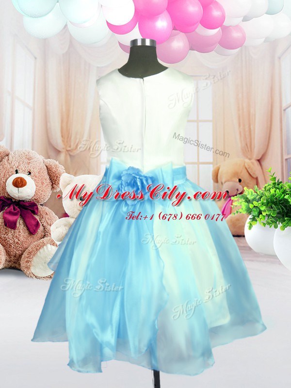 Scoop Sleeveless Flower Girl Dresses for Less Knee Length Hand Made Flower Light Blue Organza