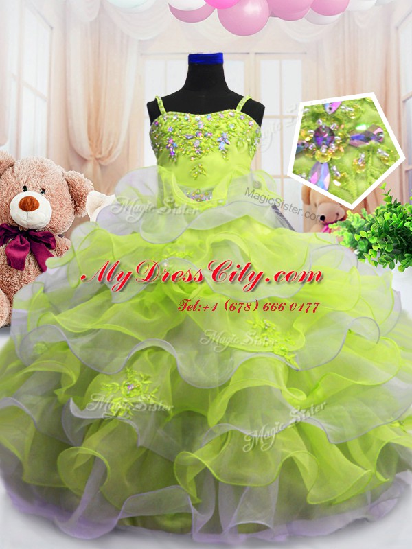 Light Yellow Ball Gowns Organza Spaghetti Straps Sleeveless Beading and Ruffled Layers Floor Length Zipper Glitz Pageant Dress