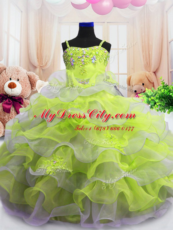 Light Yellow Ball Gowns Organza Spaghetti Straps Sleeveless Beading and Ruffled Layers Floor Length Zipper Glitz Pageant Dress