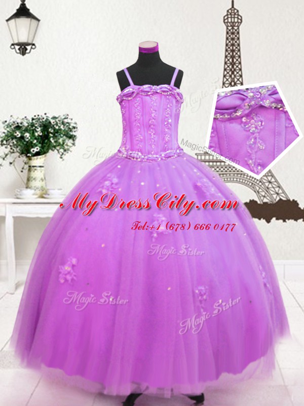 Inexpensive Lilac Spaghetti Straps Zipper Beading and Appliques Pageant Dress Sleeveless