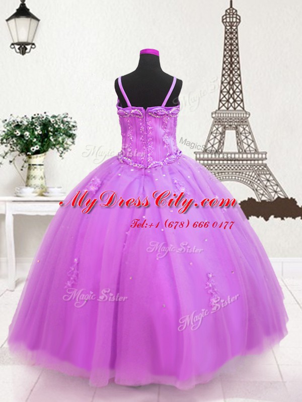 Inexpensive Lilac Spaghetti Straps Zipper Beading and Appliques Pageant Dress Sleeveless