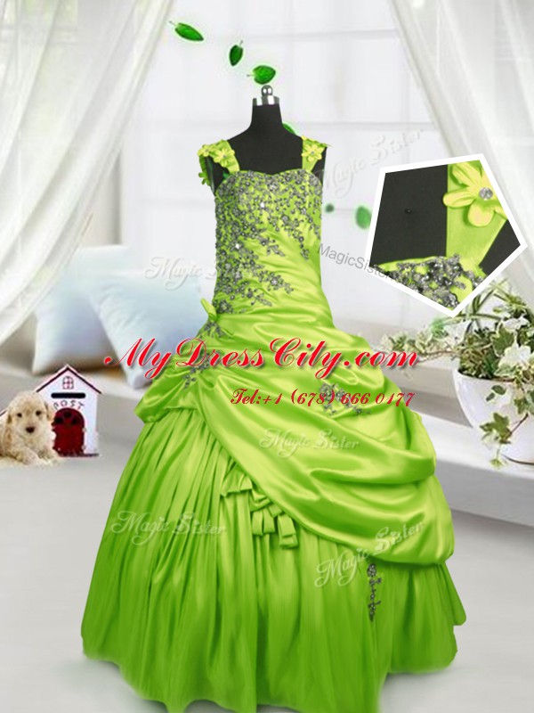 Yellow Green Satin Lace Up Kids Pageant Dress Sleeveless Floor Length Beading and Pick Ups