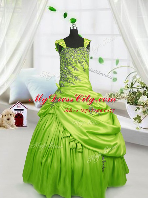 Yellow Green Satin Lace Up Kids Pageant Dress Sleeveless Floor Length Beading and Pick Ups