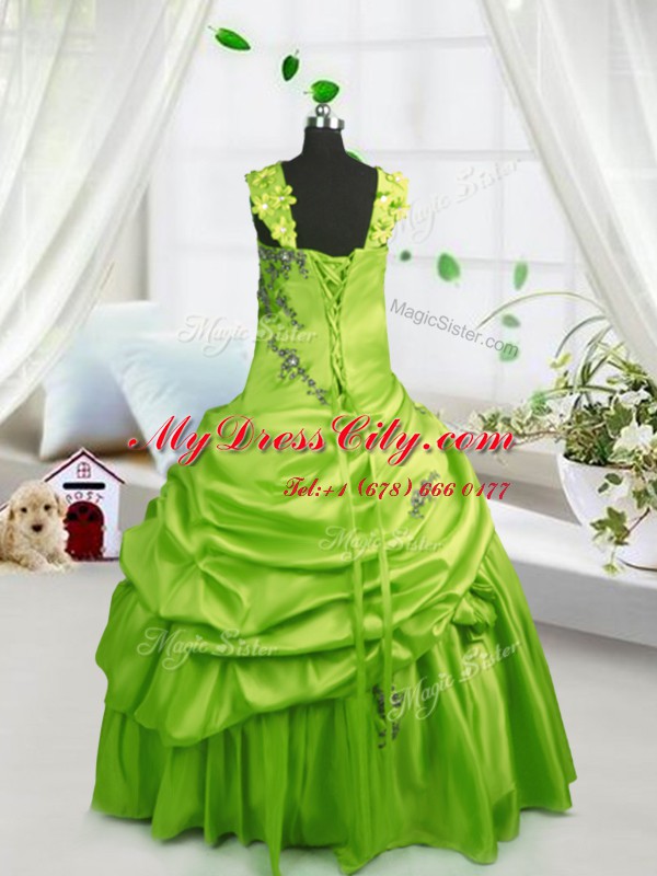 Yellow Green Satin Lace Up Kids Pageant Dress Sleeveless Floor Length Beading and Pick Ups