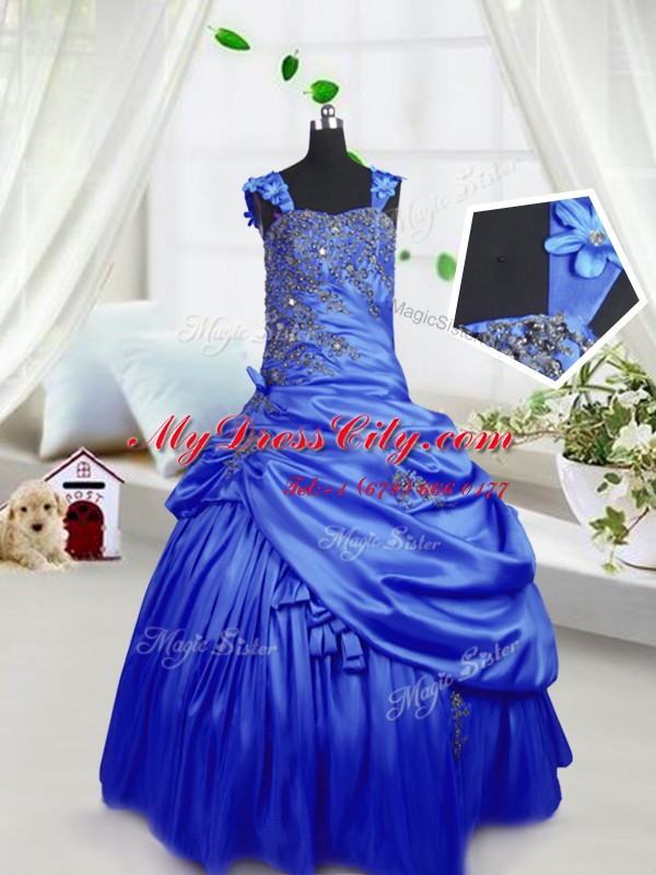 Pick Ups Straps Sleeveless Lace Up Pageant Gowns For Girls Royal Blue Satin