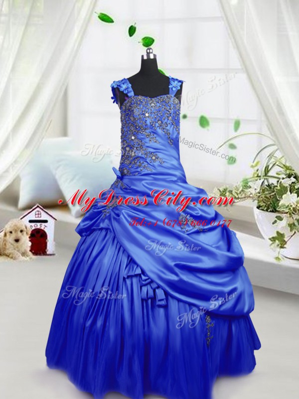 Pick Ups Straps Sleeveless Lace Up Pageant Gowns For Girls Royal Blue Satin