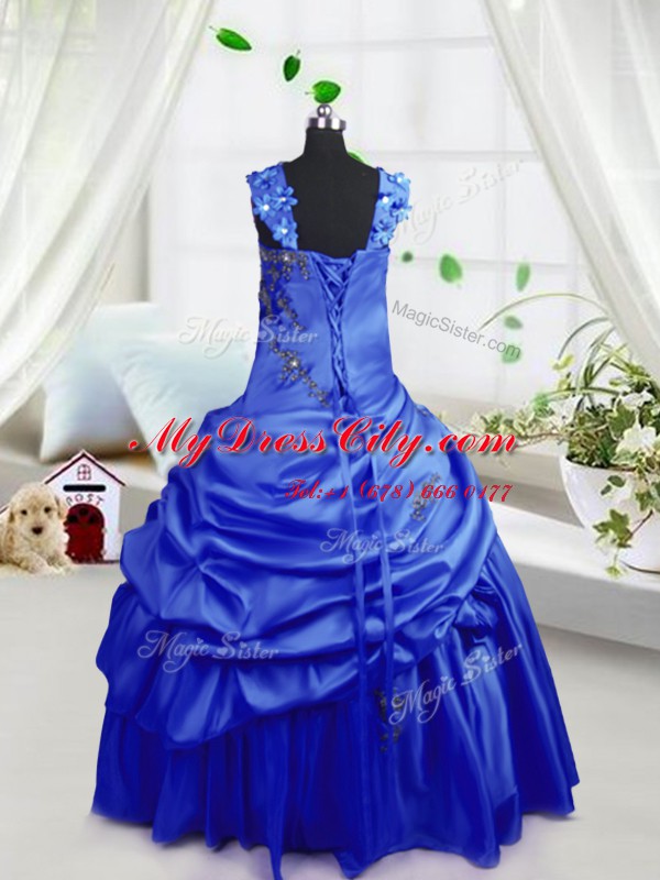 Pick Ups Straps Sleeveless Lace Up Pageant Gowns For Girls Royal Blue Satin