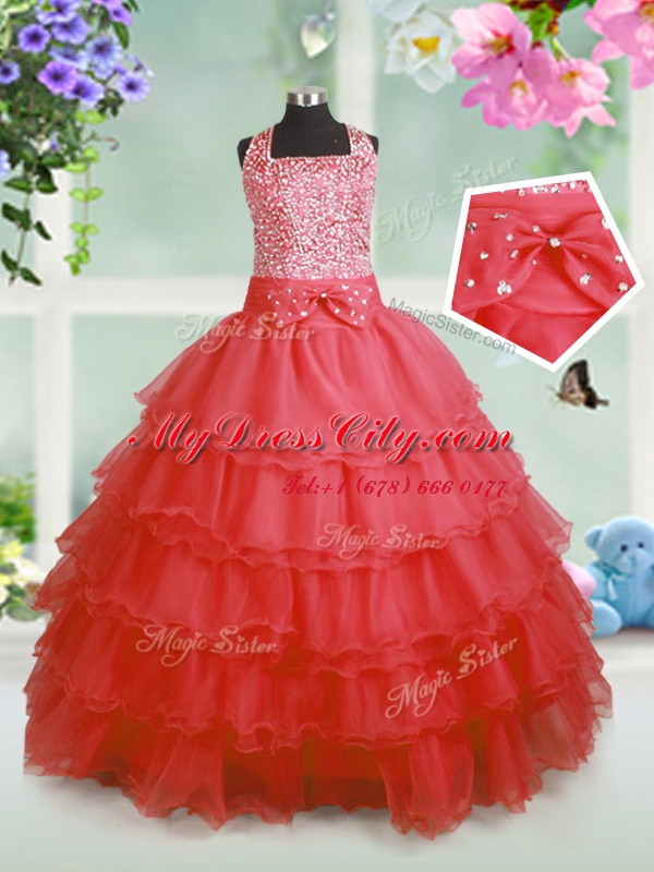 Latest Sleeveless Beading and Ruffles and Bowknot Zipper Pageant Dress Womens