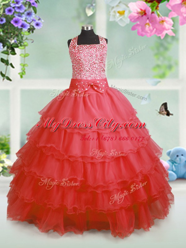 Latest Sleeveless Beading and Ruffles and Bowknot Zipper Pageant Dress Womens