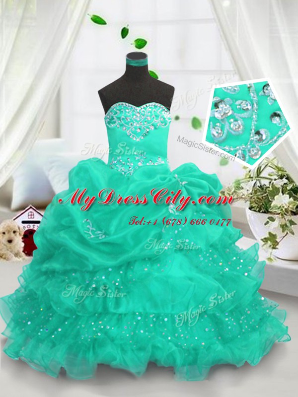 Sleeveless Floor Length Beading and Ruffled Layers and Pick Ups Lace Up Little Girls Pageant Dress Wholesale with Turquoise